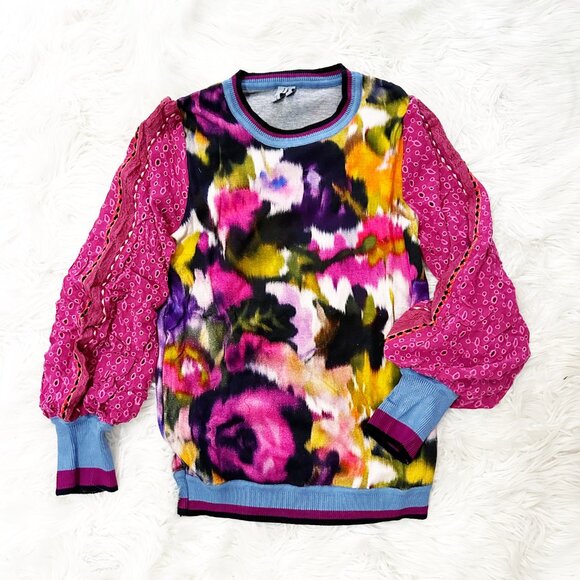 Anthropologie Bl-nk London Pullover Blouse S Pink Contrast Eyelet Puff Sleeve - Picture 4 of 13